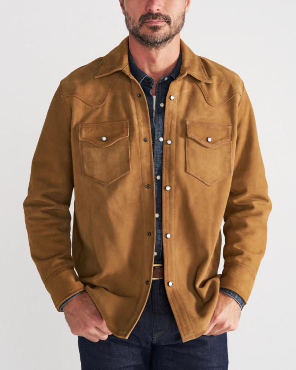 Front view of Men's Roughout Overshirt - Camel on model