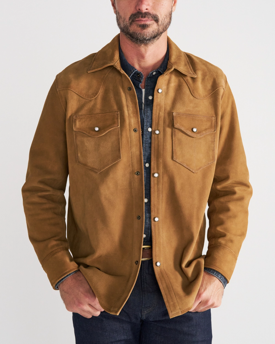 Front view of Men's Roughout Overshirt - Camel on model