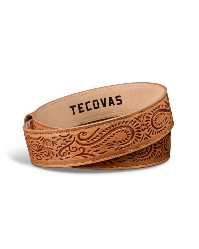 Back view of Women's Embossed Belt - Tan on plain background
