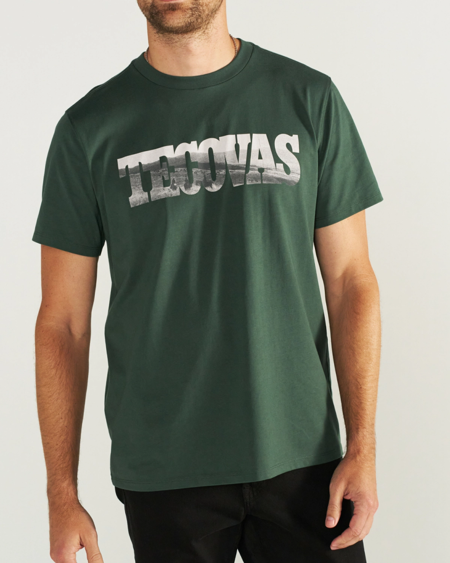 Front view of Men's Letter Fill T-Shirt - Hunter Green on model
