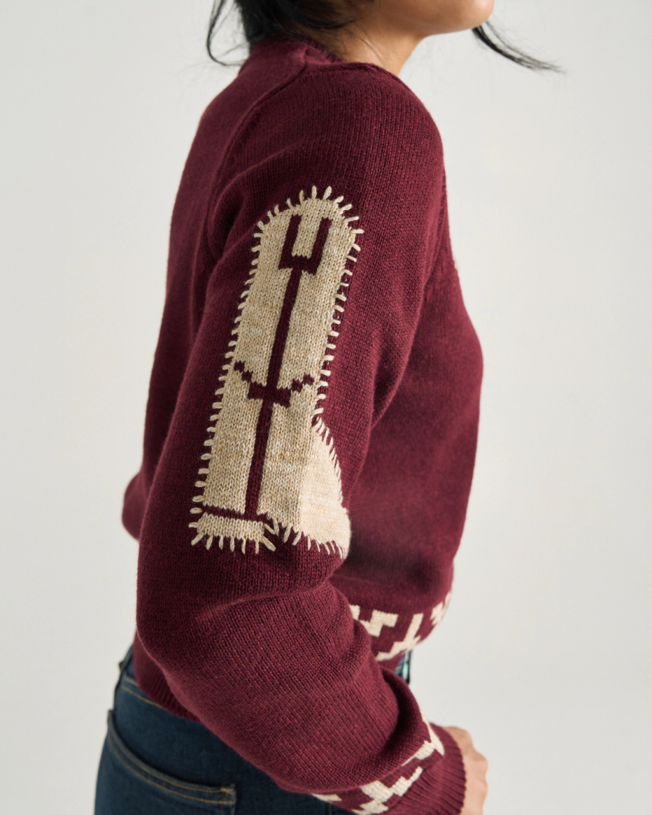 Front view of Women's Crew Neck Lucky Boots Sweater - Burgundy on model