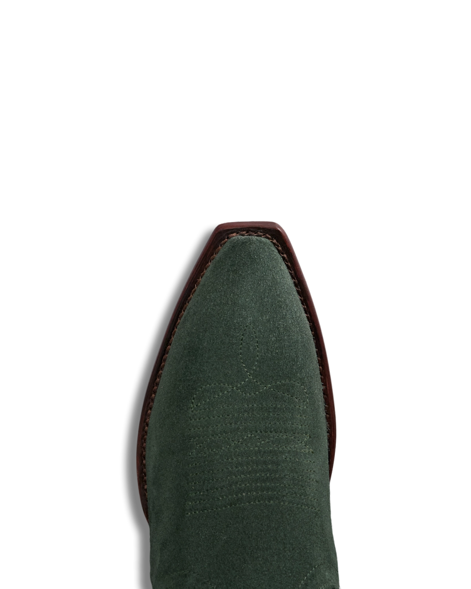 Toe view of The Loretta - Hunter Green Suede on plain background