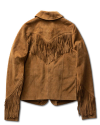 A brown suede jacket with fringe detail along the back yoke and sleeves is displayed on a dark background.