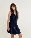 Front view of Women's Sleeveless Collared Mini Dress - Navy on model
