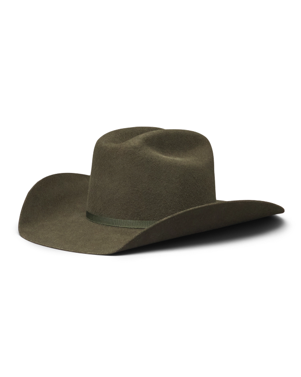 Quarterfront view of Cattleman Wool Cowboy Hat - Dark Olive on plain background