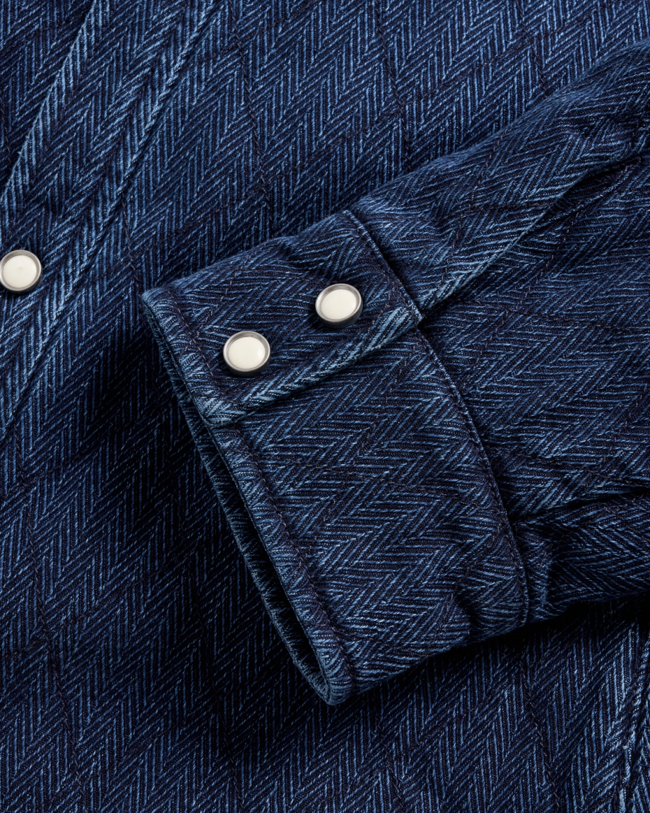 Closeup view of Men's Quilted Herringbone Shacket - Indigo