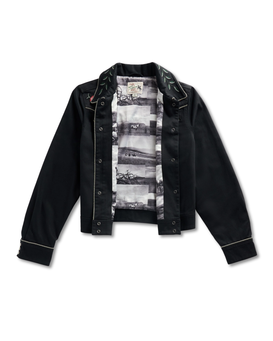 Front view of Women's Embroidered Dolly Jacket - Black on plain background