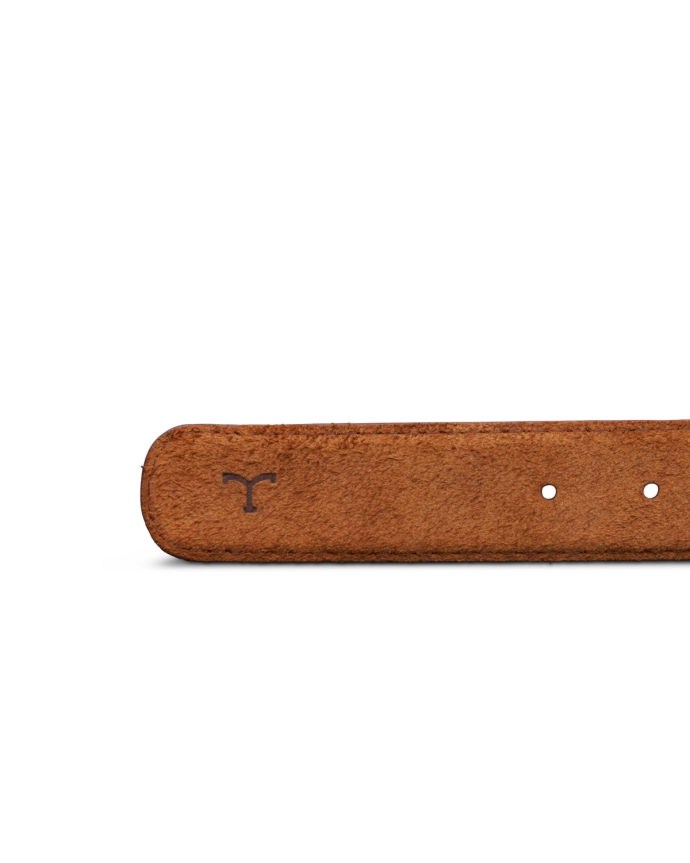 Close-up view of a brown leather belt with a small, minimalist logo on the left end and two holes on the right.