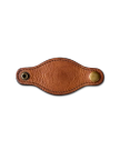 A brown leather strap with curved edges, visible stitching, a metal snap button on one end, and a metal eyelet on the other, displayed on a plain white background.