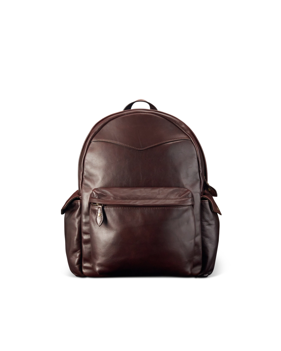 Front view of Men's Leather Backpack - Dark Brown on plain background