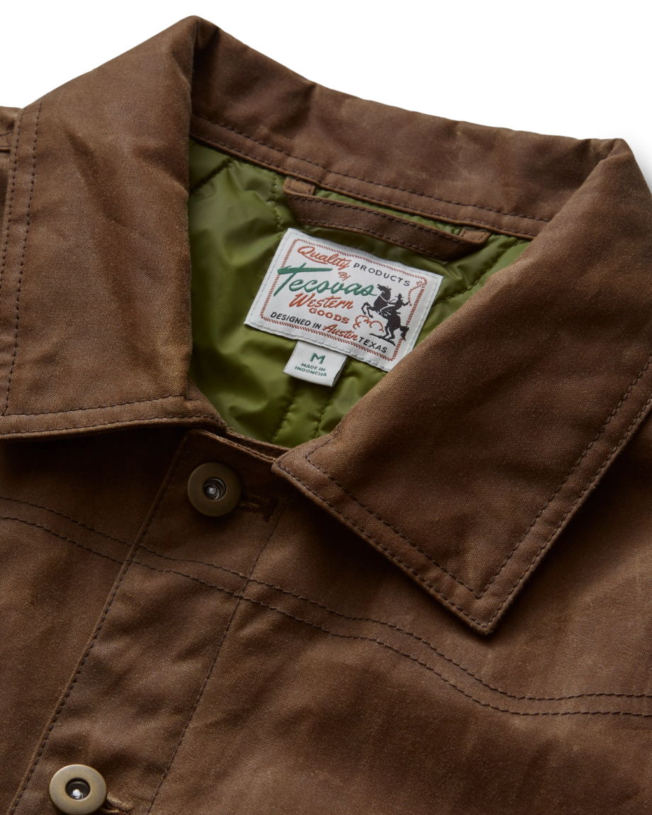 Closeup detail view of Buckaroo Waxed Canvas Trucker Jacket - Tobacco