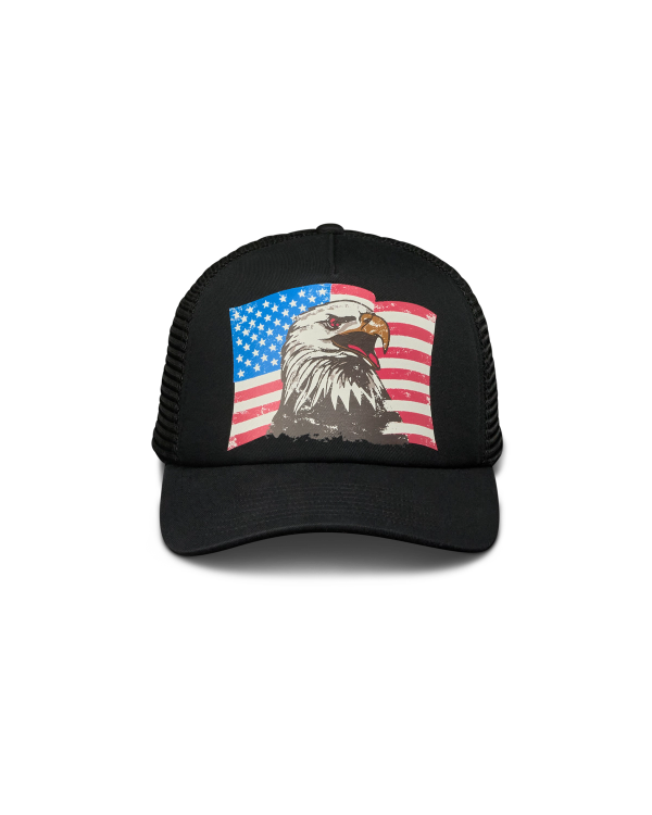 Front view of Eagle and Flag Trucker - Black on plain background