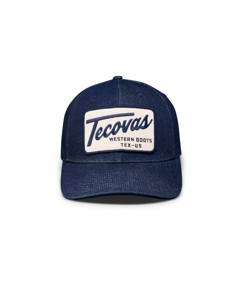 Profile view of Tecovas Denim 6 Panel Mid Profile Hat - Dark Blue on plain background