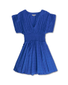 Front view of Women's Mini V-Neck Ruched Dobby Dress - Nebulas Blue on plain background