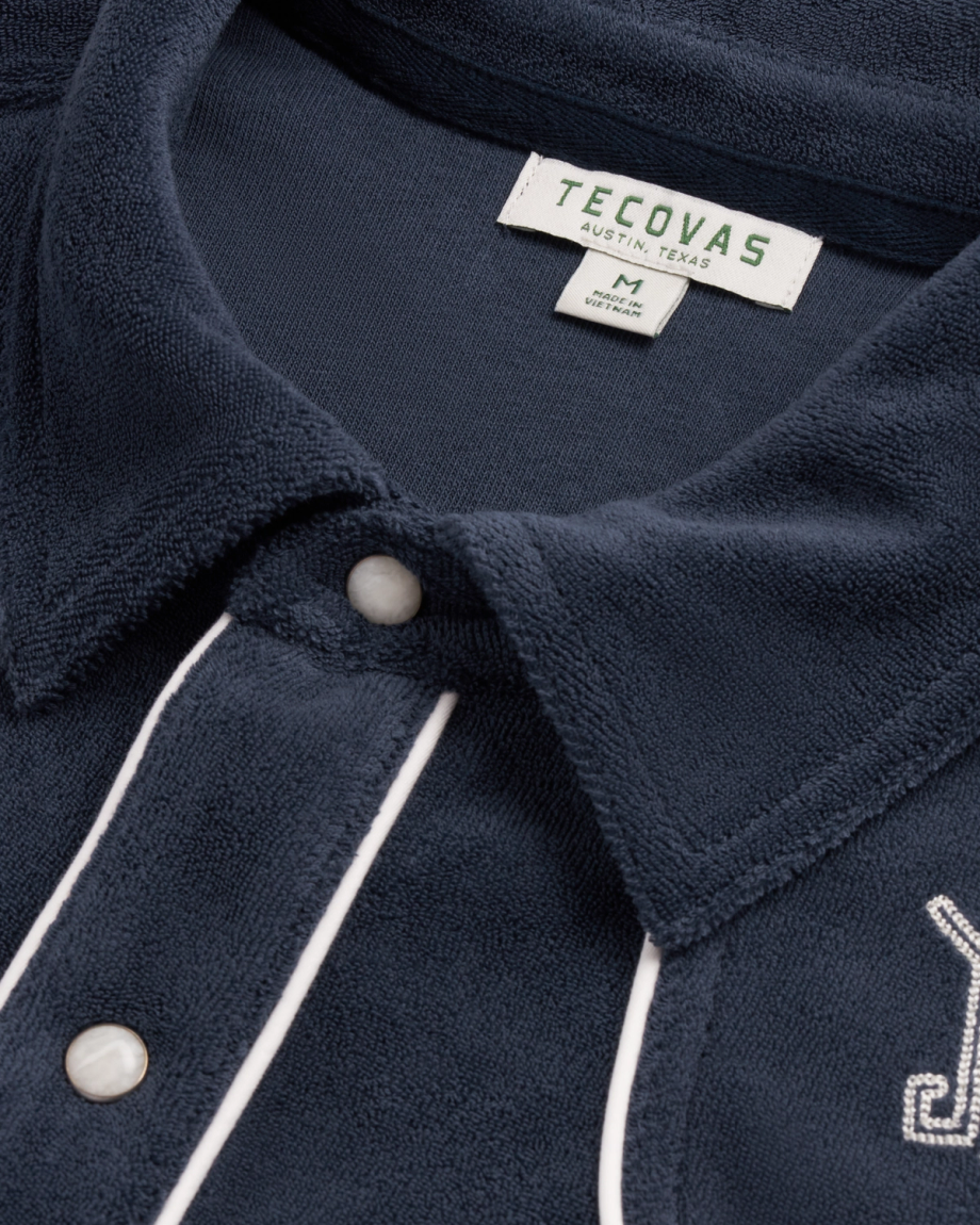 Closeup detail view of Men's Terry Pearl Snap - Navy