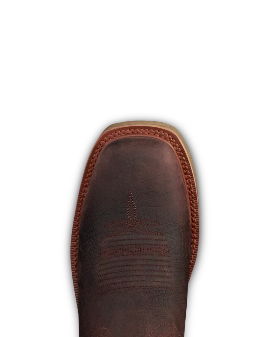 Toe view of LongHaul Waterproof Square Soft Toe Work Boot with Temp Control - Dark Chocolate/Clay Cowhide on plain background