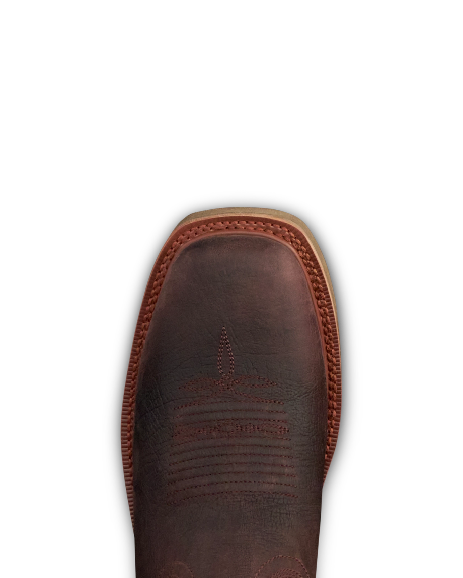 Toe view of LongHaul Waterproof Square Soft Toe Work Boot with Temp Control - Dark Chocolate/Clay Cowhide on plain background