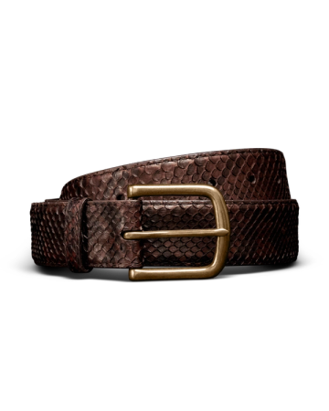 Unbuckled view of Men's Python Belt II - Chocolate on plain background