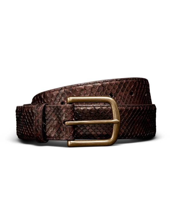 Unbuckled view of Men's Python Belt II - Chocolate on plain background