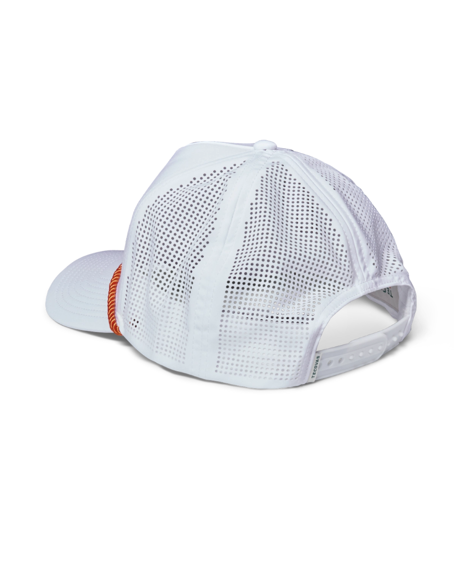 Quarterback view of Tecovas Work Performance Trucker - Burnt Orange Polyester on plain background