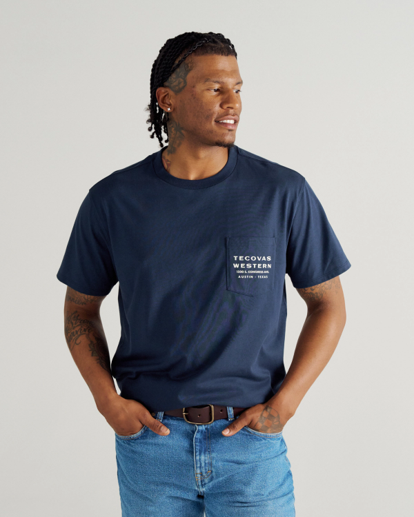 Closeup detail view of Men's Western Horseman Pocket Tee - Navy / White