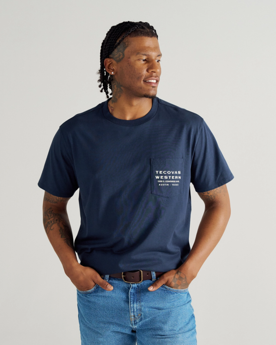 Closeup detail view of Men's Western Horseman Pocket Tee - Navy / White