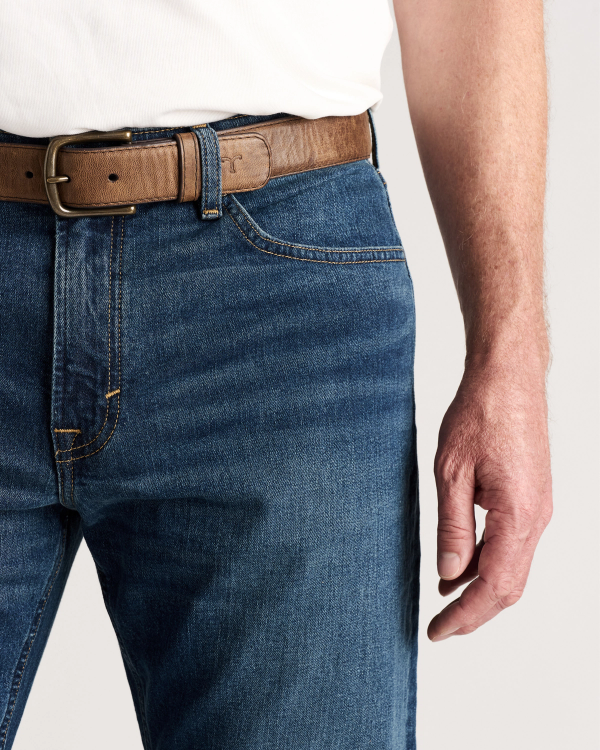 Closeup detail view of Men's Straight Stretch Denim - Medium Dark