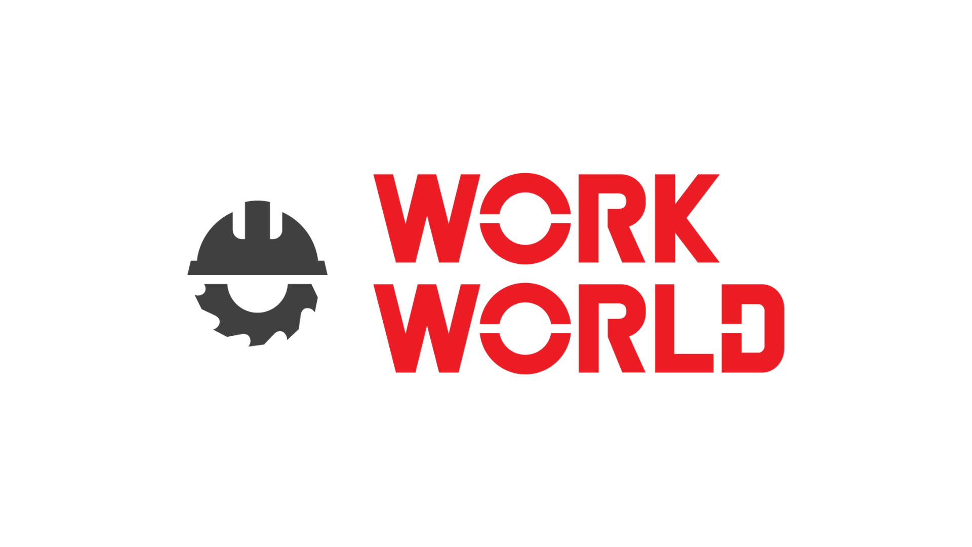 A black gear and hard hat icon sits left of bold red text reading "WORK WORLD" in all caps on a white background.
