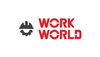 A black gear and hard hat icon sits left of bold red text reading "WORK WORLD" in all caps on a white background.