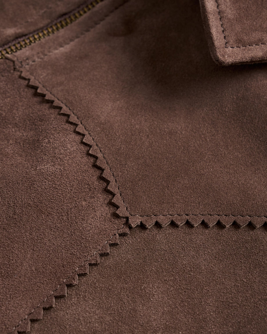 Closeup detail view of Women's Suede Fringe Jacket - Chocolate Brown