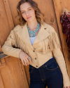 Closeup detail view of Women's Western Leather Fringe Jacket - Lt Tan