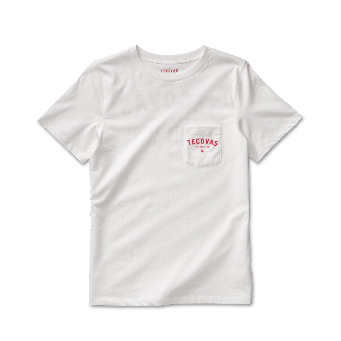 White T-shirt with a front chest pocket featuring a small red "Tecovas" logo.