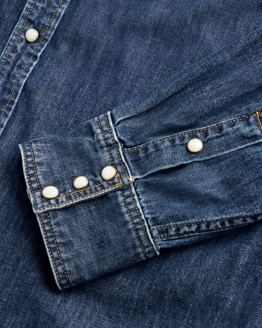 Closeup detail view of Men's Long Sleeve Denim Pearl Snap - Dark Wash