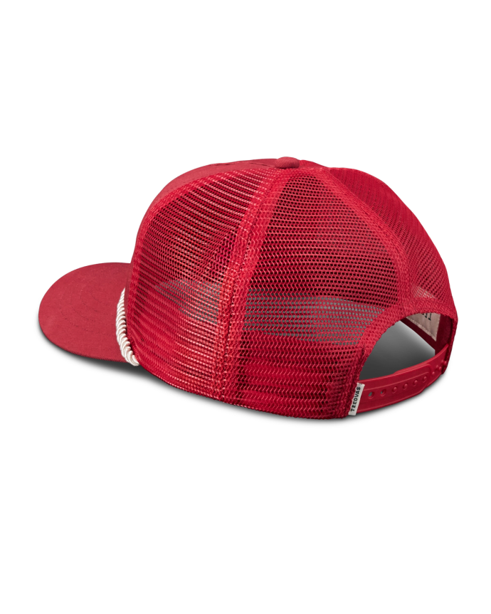 Quarterfront view of Tecovas Gameday Trucker - Red on plain background