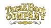 Logo of The Texas Boot Company, located in Bastrop, Texas, featuring bold yellow text with decorative elements.