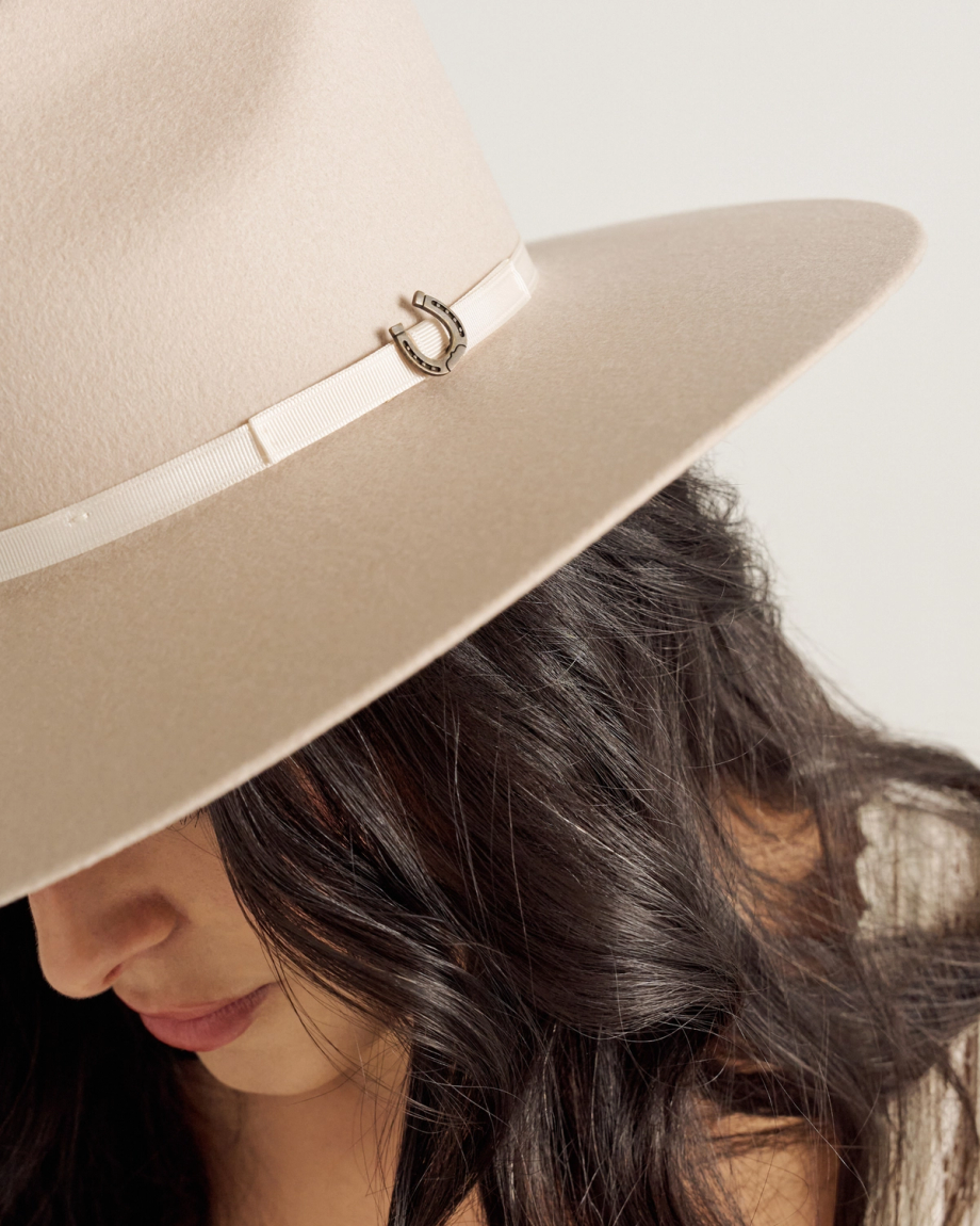 View of The Belle Wool Cowgirl Hat - Cream on model