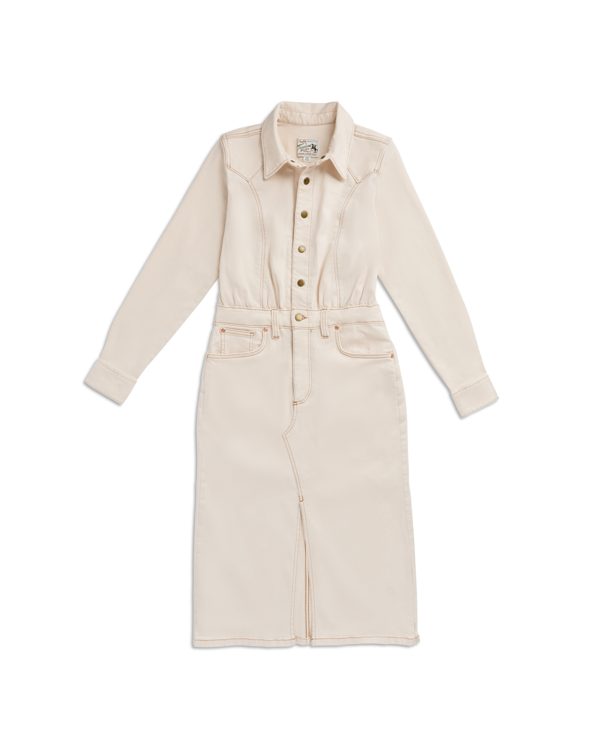 Closeup detail view of Women's L/S Natural Denim Midi Dress - Natural