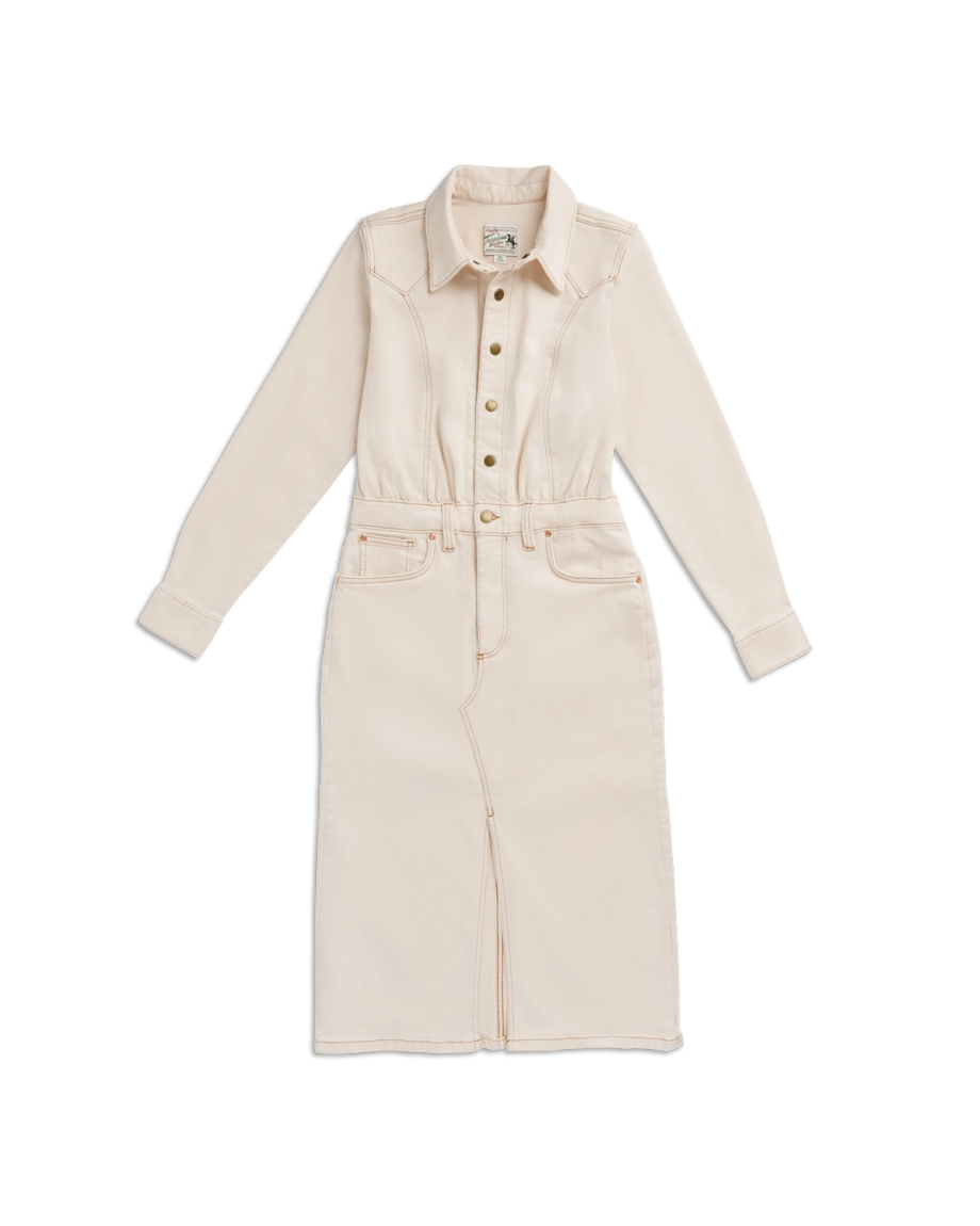 Closeup detail view of Women's L/S Natural Denim Midi Dress - Natural