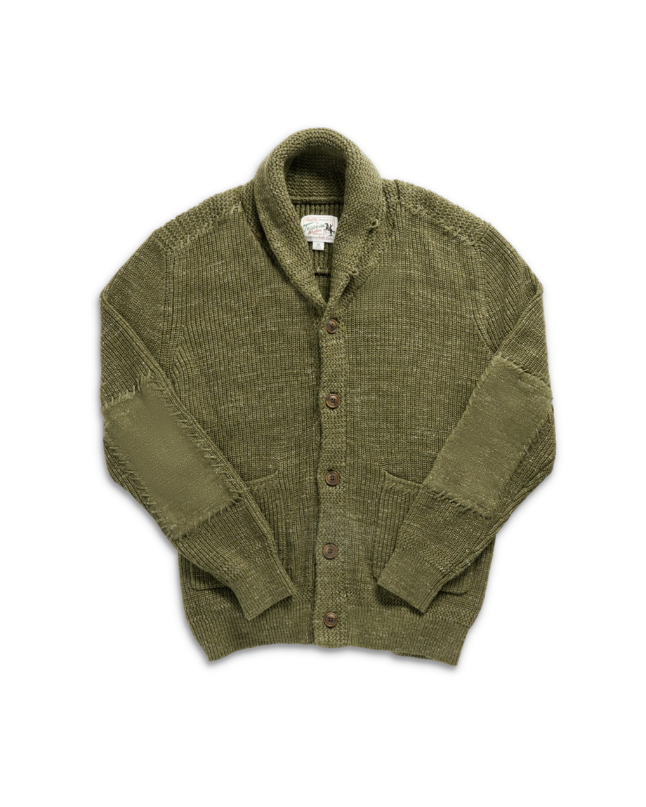 Closeup detail view of Men's Shawl Collar Cardigan Sweater - Olive