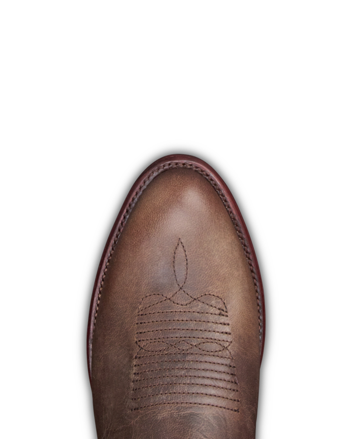 Top view of a brown leather cowboy boot with decorative stitching, set against a black background.