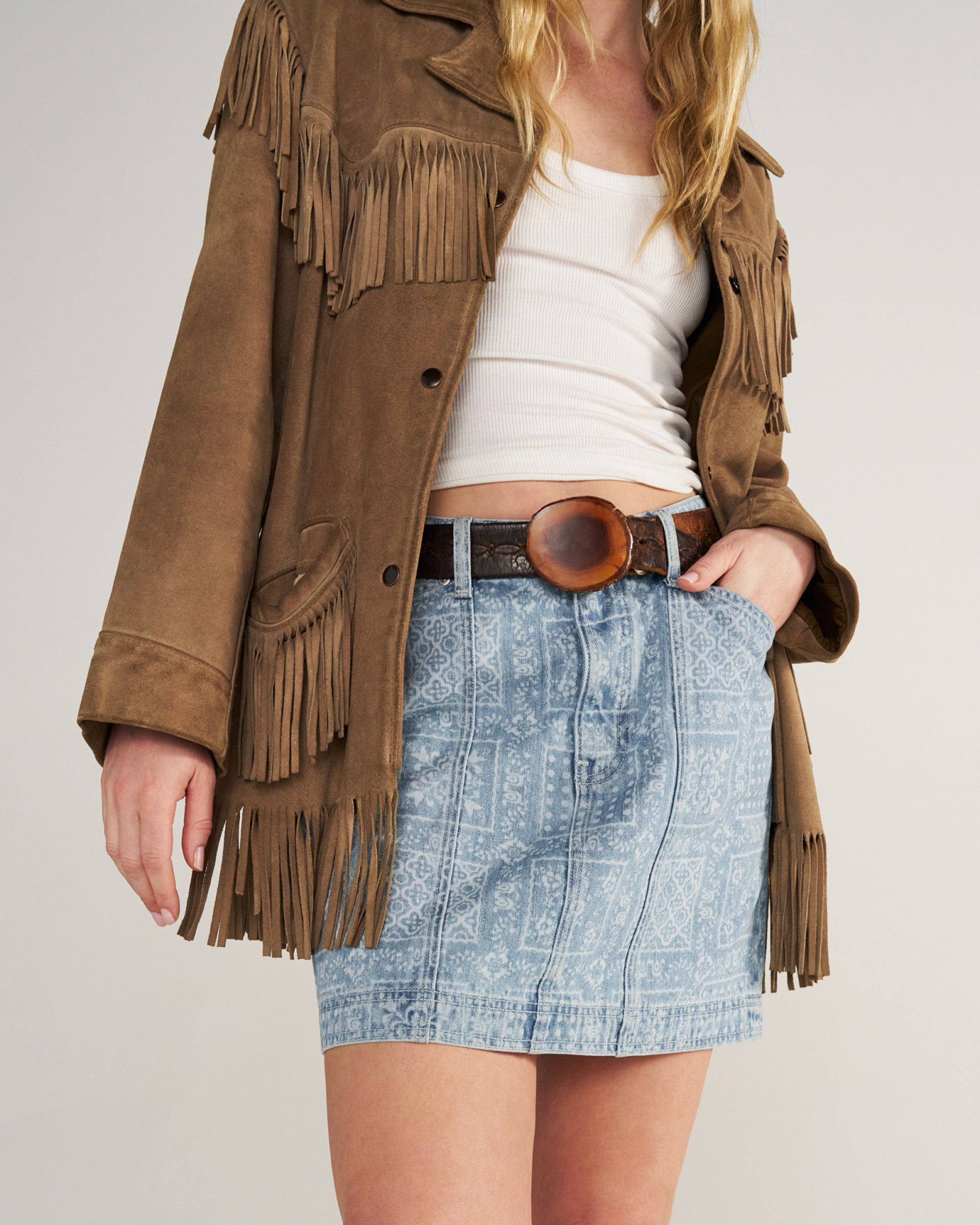 Front view of Women's High-Rise Denim Mini Skirt - Blue Bandana on model