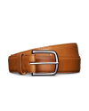 A tan leather belt with a silver buckle displayed against a black background.