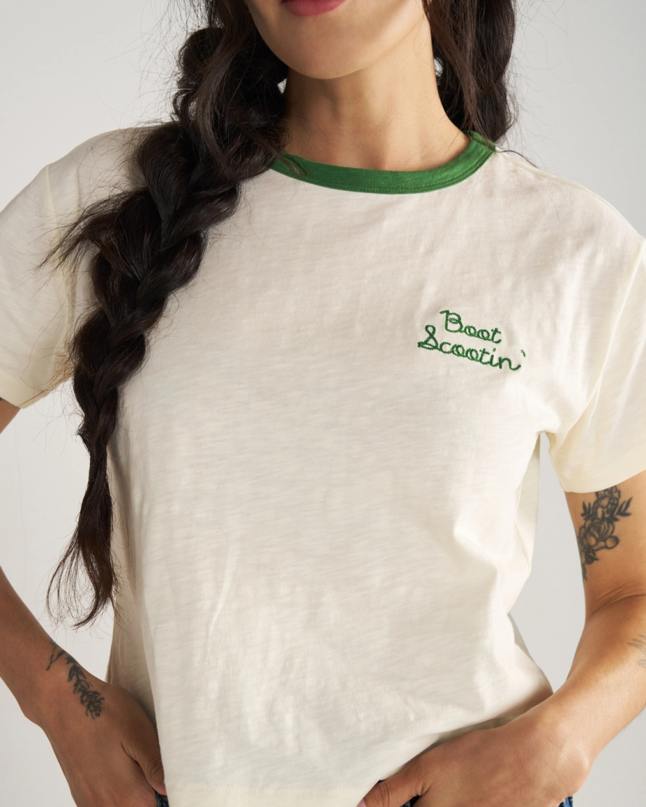 Closeup detail view of Women's Vintage Ringer Tee - Bone / Green