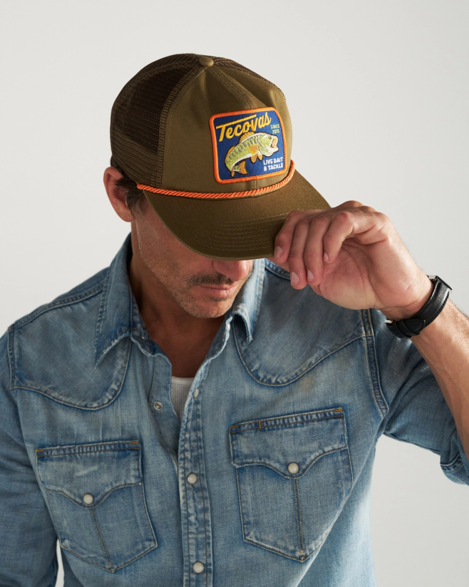 Front view of Live Bait and Tackle Flat Brim Trucker - Moss Brown on plain background