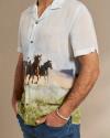 Man wearing the lakeside shirt with Horse Stampede in a studio