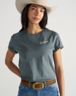 Front view of Women's Store Front Tee - Blue on plain background