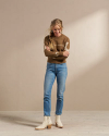 Full view of Women's Crew Neck Lucky Boots Sweater - Brown Heather/Oatmeal on model