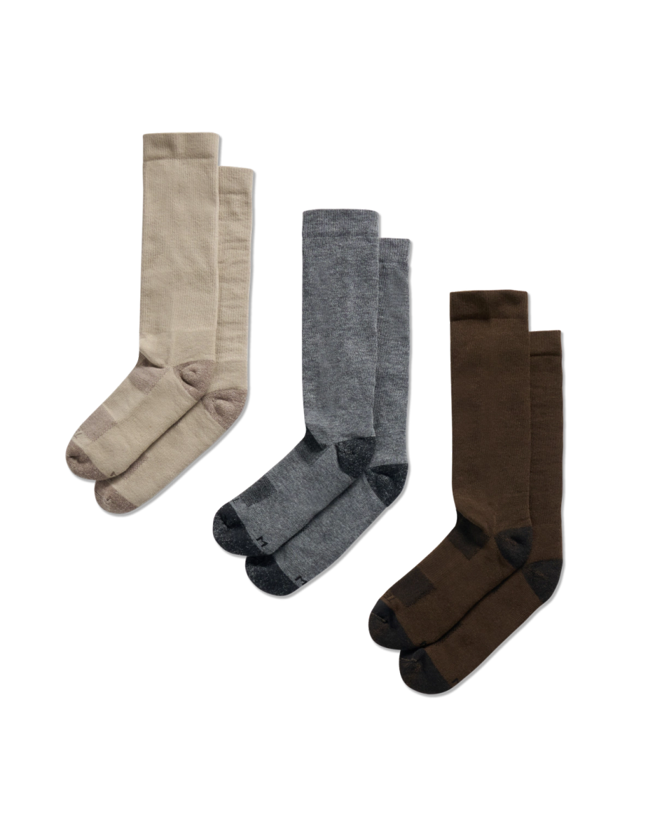 Quarterfront view of Mid-Calf Sock (3 Pack) - Tan / Dark Gray / Brown on plain background