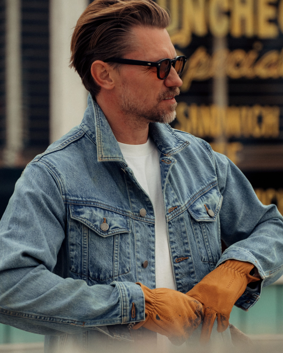 View of Men's Classic Denim Trucker Jacket - Acid Wash