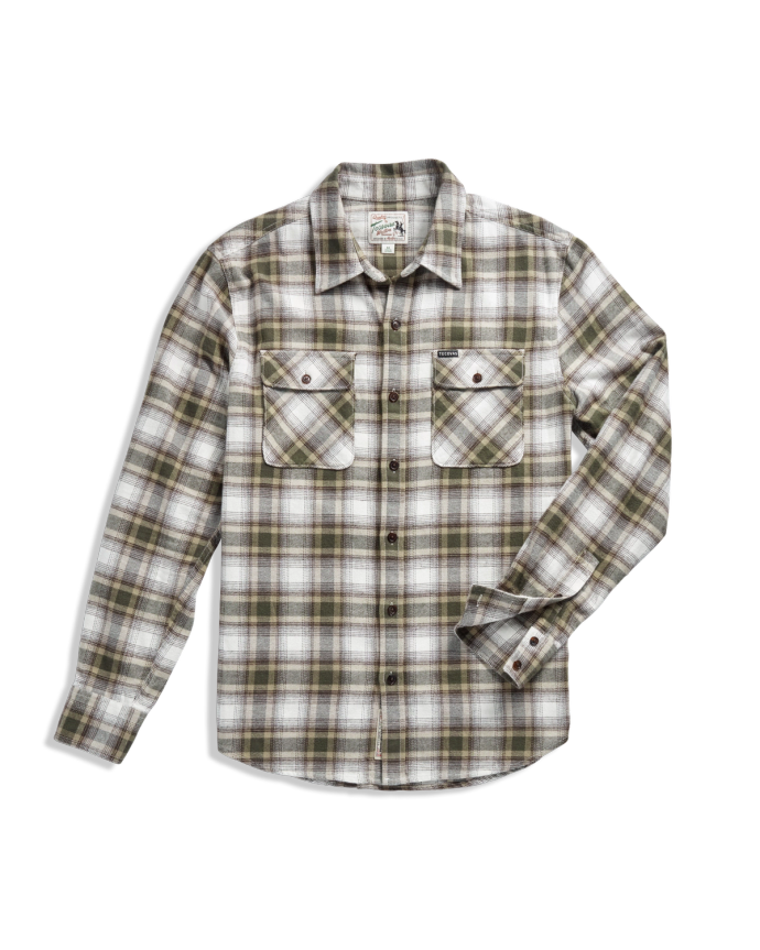 Front view of Men's Everyday Flannel LS - Whisper White / Cactus on plain background